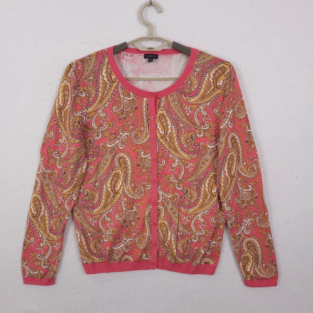 Talbots Cardigan Sweater Womens Large Pink Paisley Button Front Long Sleeve L